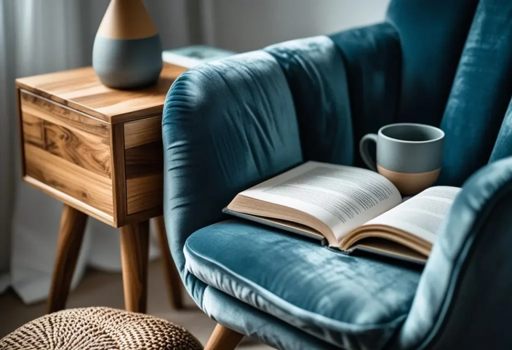  Detailed shot of cozy corner furniture including a plush armchair and wooden side table.