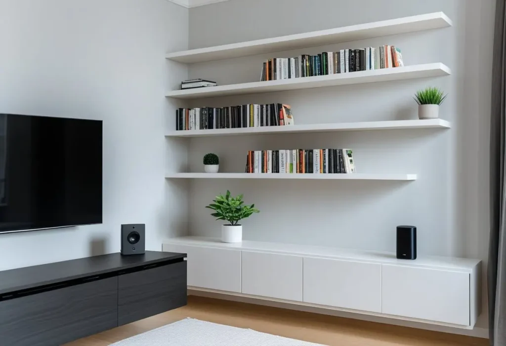 A space-saving corner TV wall design for a compact apartment living room.