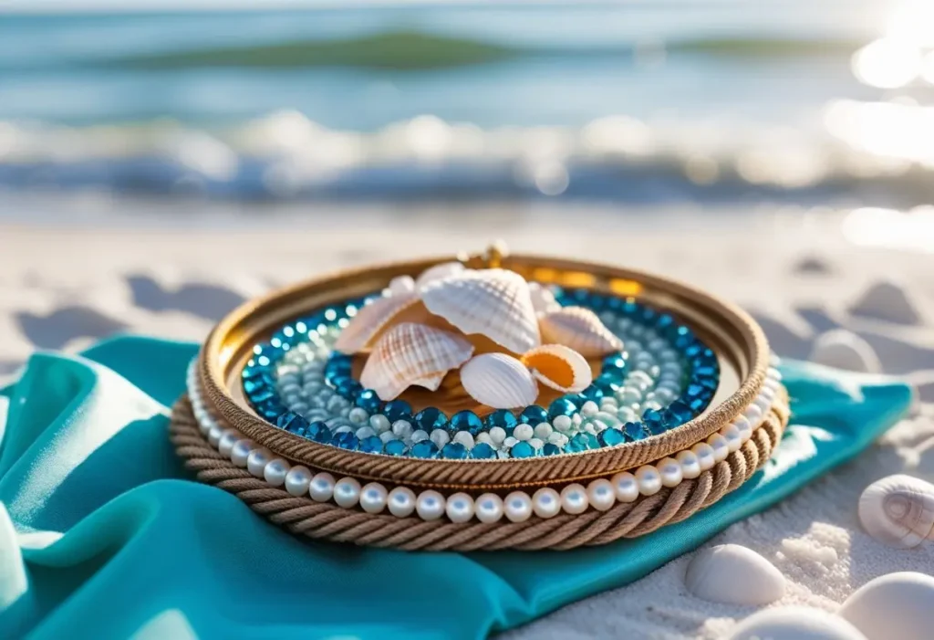 beach themed aarti thali decoration ideas for wedding with shells and pearls