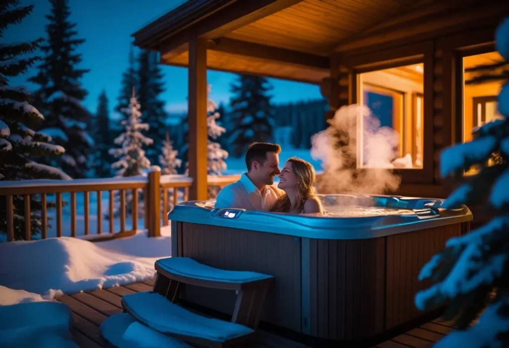 romantic couple in hot tub at cozy cabin in winter
