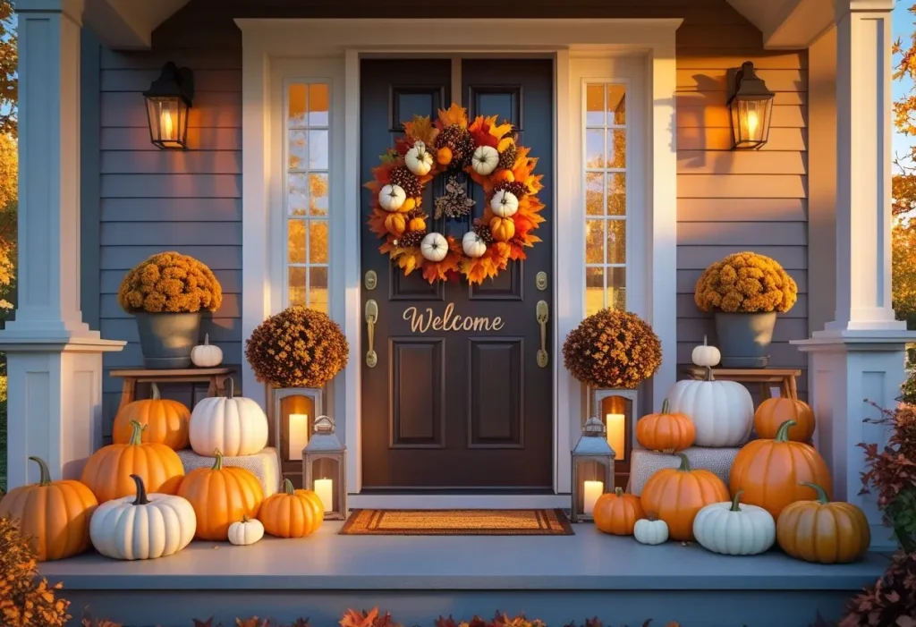 autumn home decor outdoor porch with pumpkins and lanterns