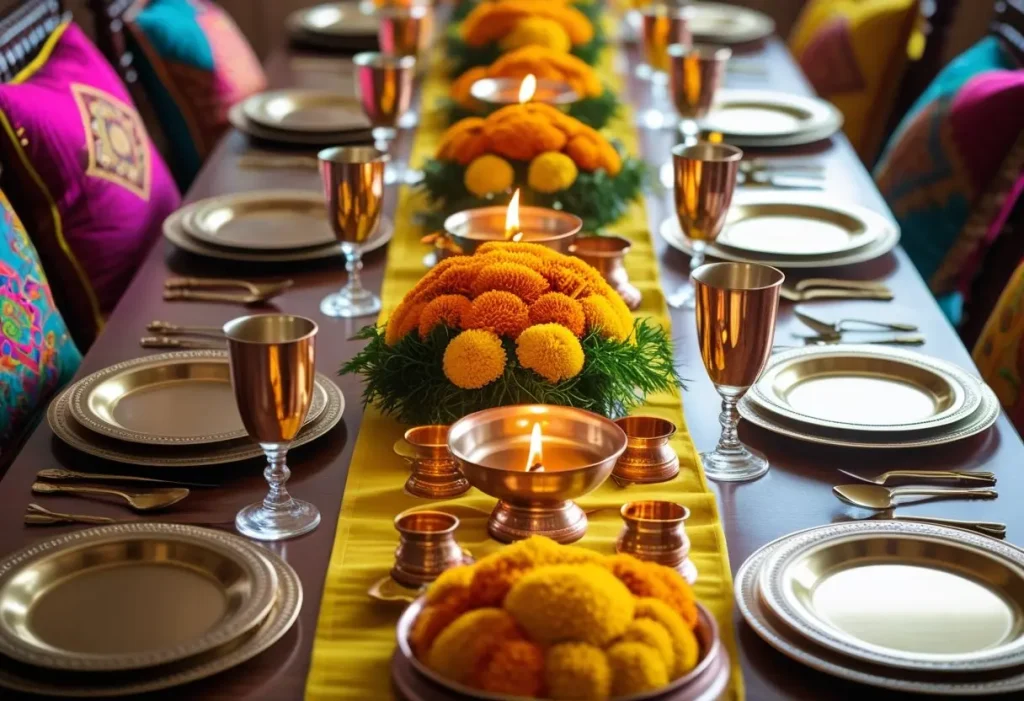  navratri dining table decoration with brass and flowers