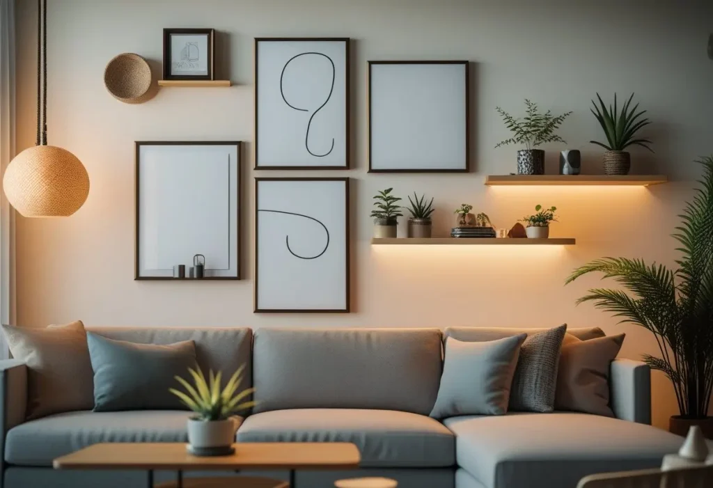 Modern wall decorated with cheap home decor accents.
