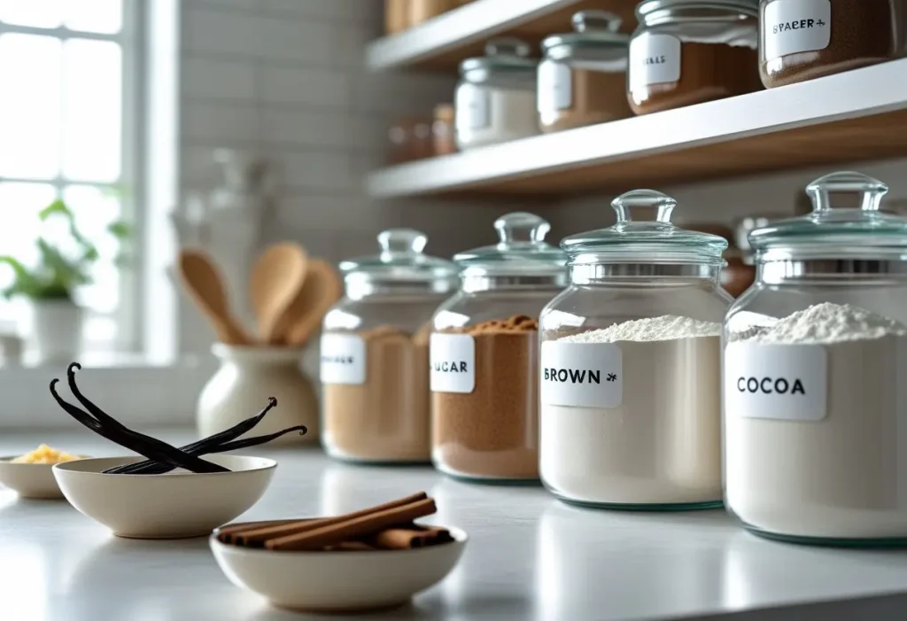 stylish open shelving displaying home baking essentials in a cozy kitchen