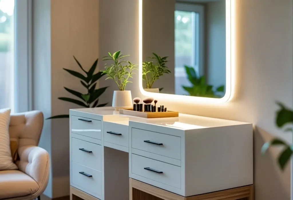 Vanity mirror with LED lighting in modern dressing room