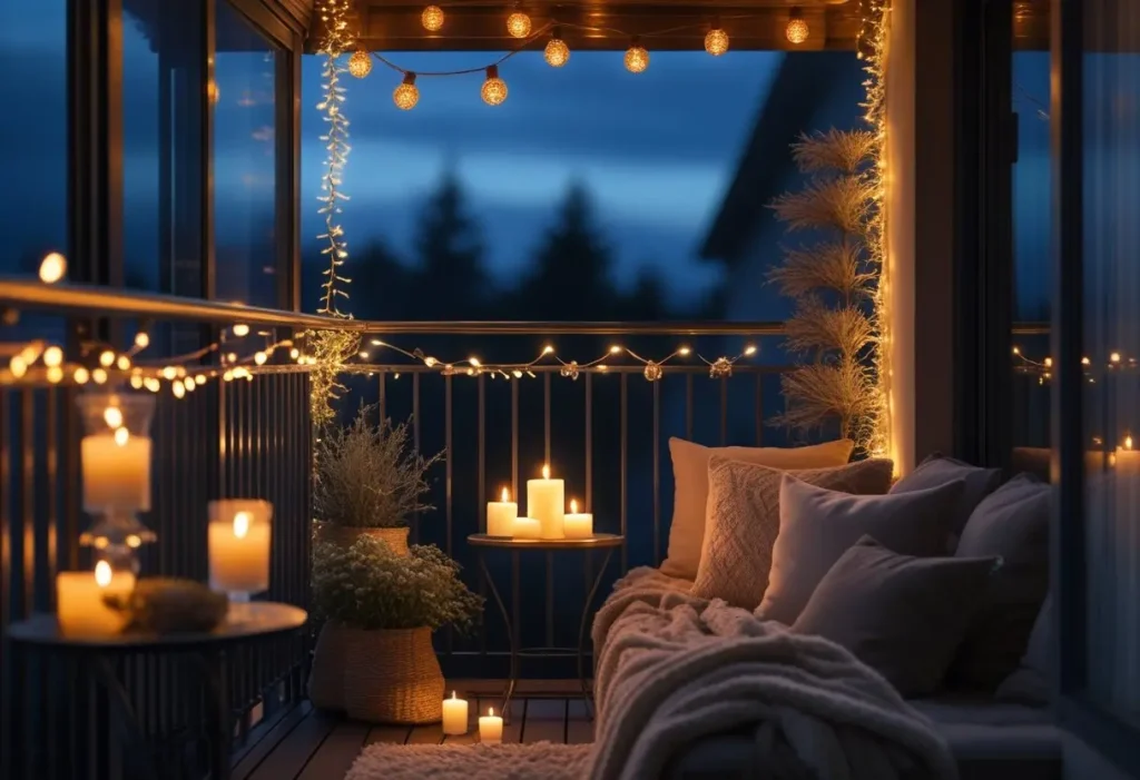 Balcony decor at night with candles and fairy lights.