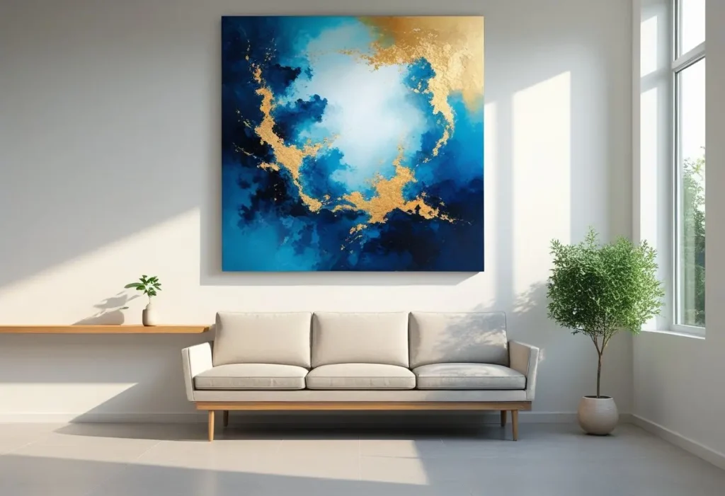  DIY wall decor large abstract painting in a modern living room.