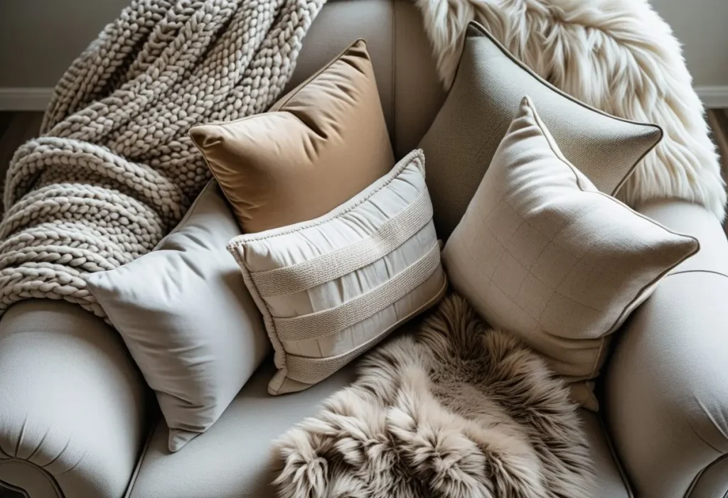 Flat lay of layered cozy corner textiles including knit blankets and velvet pillows.