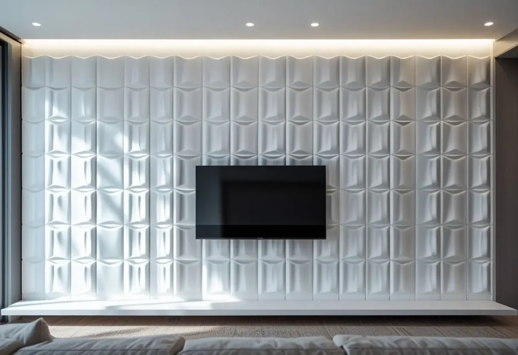 A modern TV wall design with white 3D geometric wall panels.