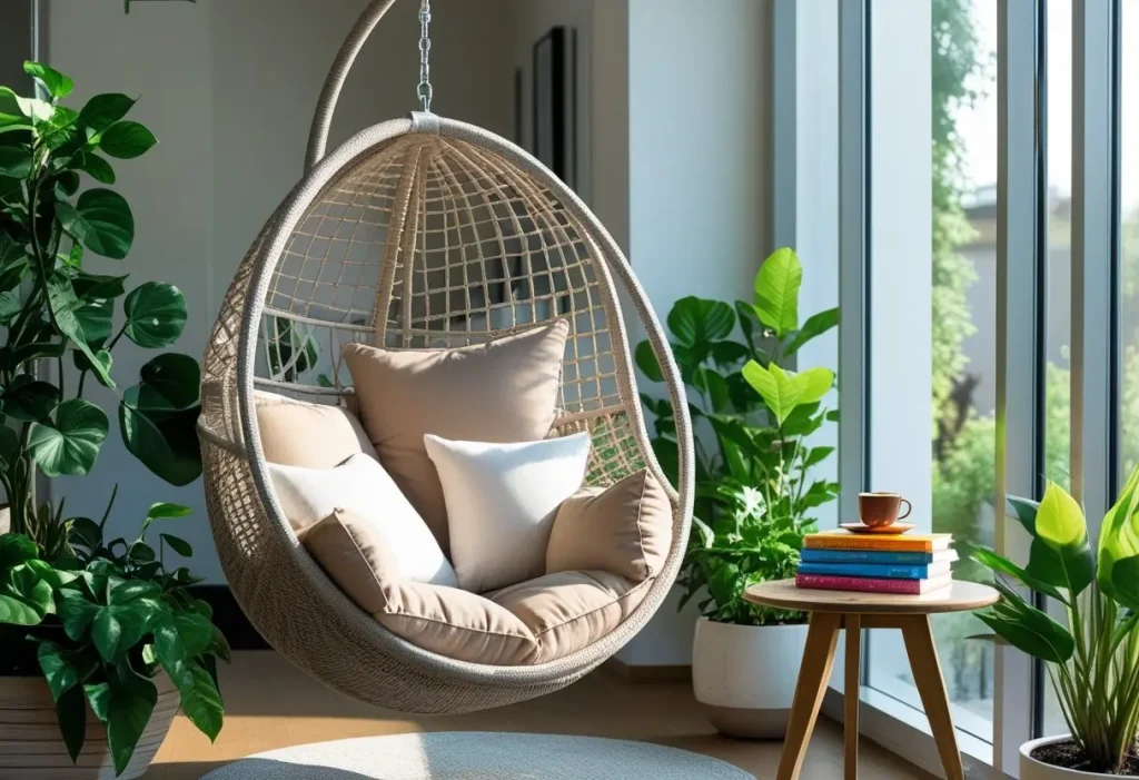  Hanging Egg Chair in a cozy indoor reading nook.