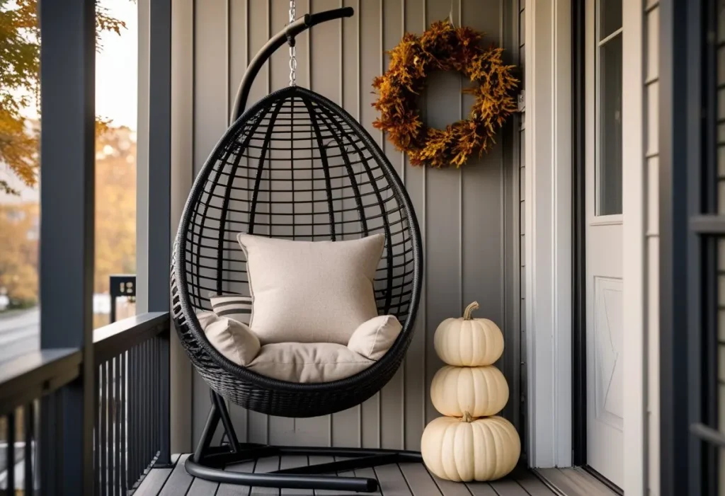 small porch fall front porch decor with egg chair and vertical elements.