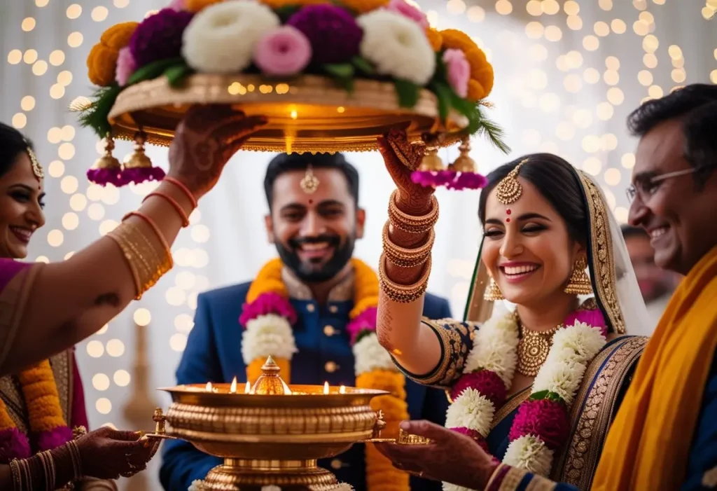 bride and groom aarti ceremony with decorated thali wedding ritual