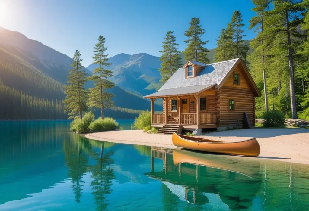 cozy cabin by a mountain lake in summer with canoe