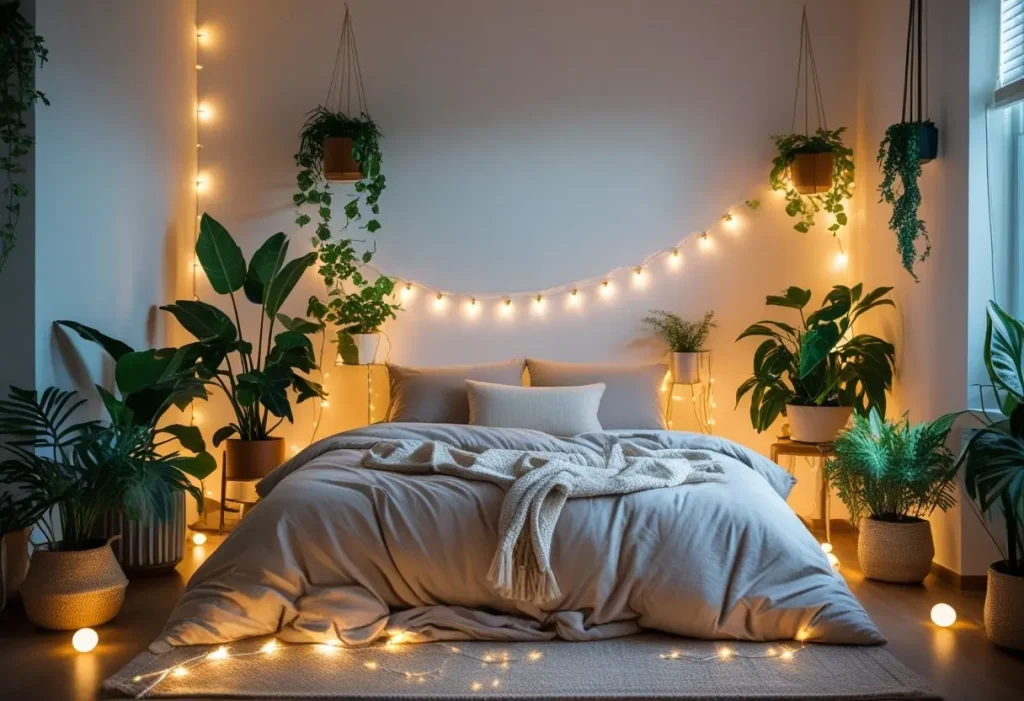 Cozy bedroom styled with cheap home decor.