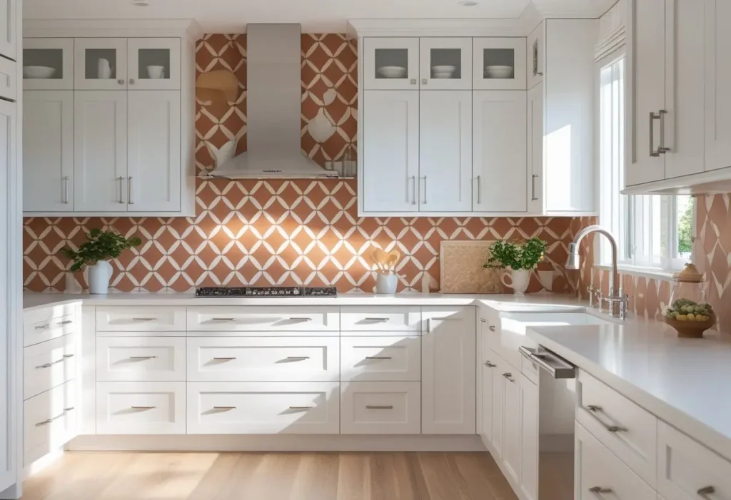  warm modern kitchen color palette with white and terracotta