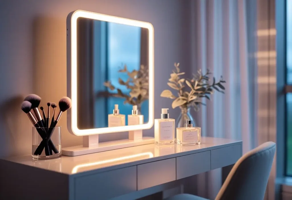 Rustic wooden vanity with natural wood finish and decorative mirror