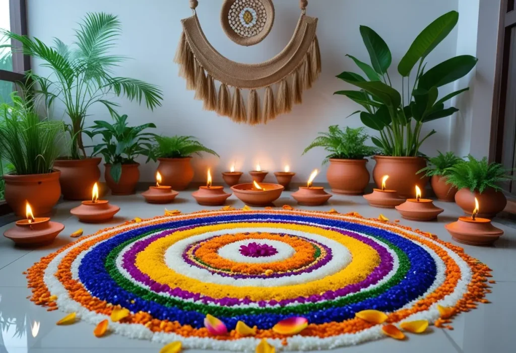  eco-friendly navratri decoration with seed rangoli and terracotta diyas