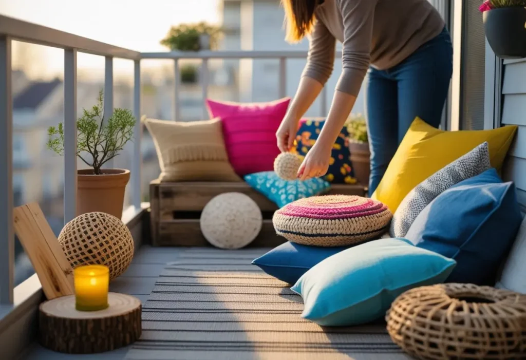 DIY balcony decor with handmade crafts and cushions.
