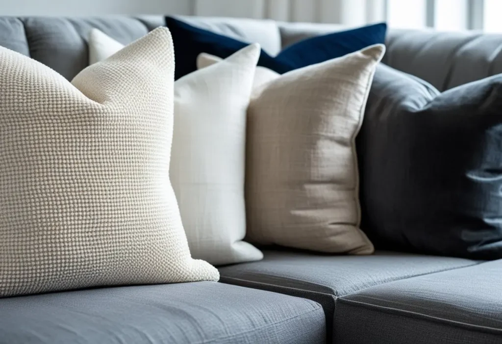 Textured fabric mix bouclé linen velvet on modern sofa design.