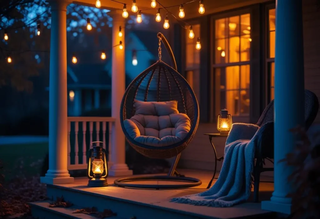 autumn front porch at night with cozy lighting and fall decor.