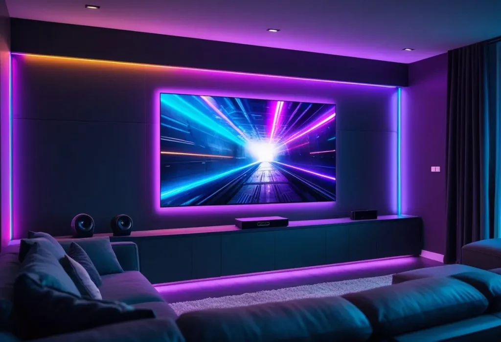  A modern TV wall design with colorful LED backlighting syncing with the screen.