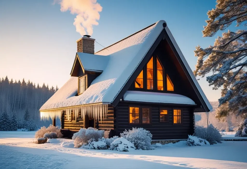 cozy cabin by a mountain lake in summer with canoe