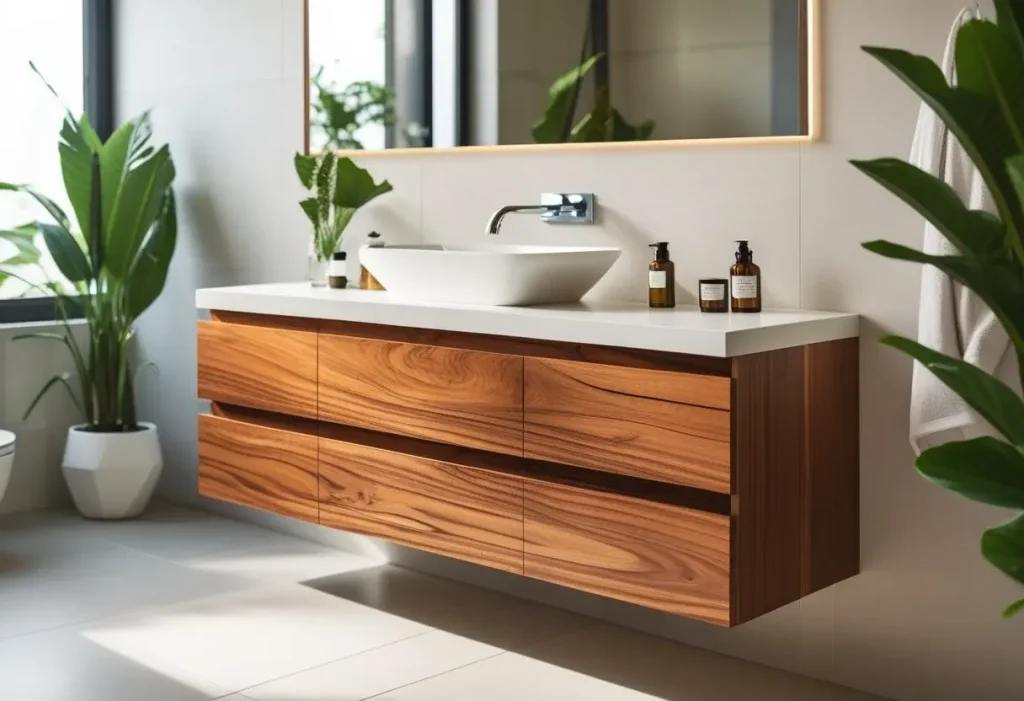 Rustic wooden vanity with natural wood finish and decorative mirror