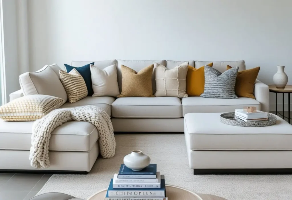 Styled modern sofa design with decorative pillows and throw blanket.