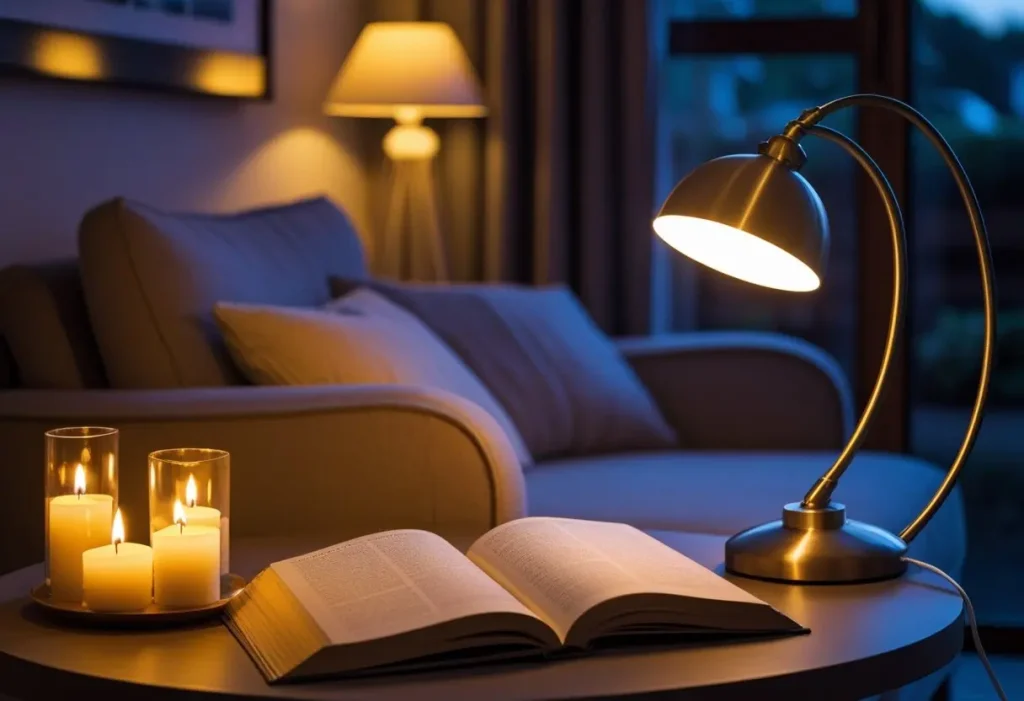A cozy corner in the evening with warm layered lighting from floor lamps and candles.