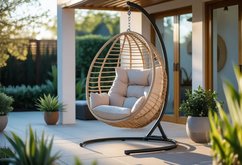 Stylish outdoor patio scene featuring a Hanging Egg Chair.