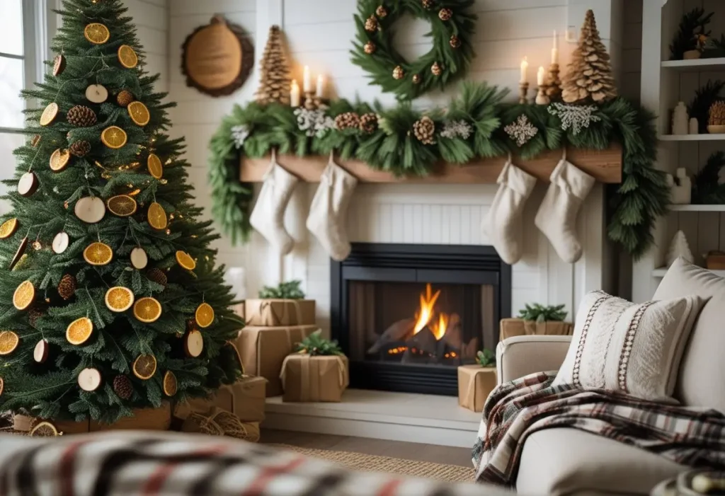 Cozy Christmas farmhouse decor with tree and fireplace.