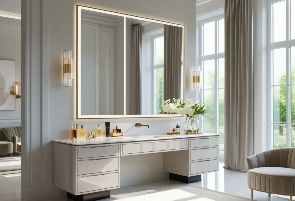 Vanity decor accessories including perfume tray, mirror, and flowers