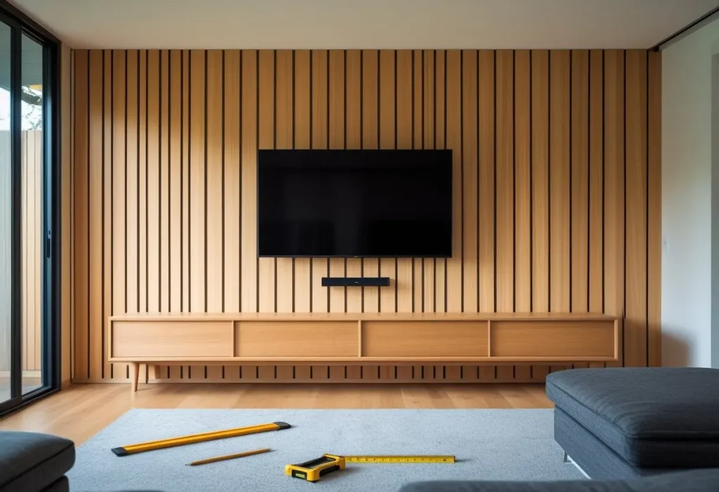 A DIY wood slat TV wall design in a modern home.