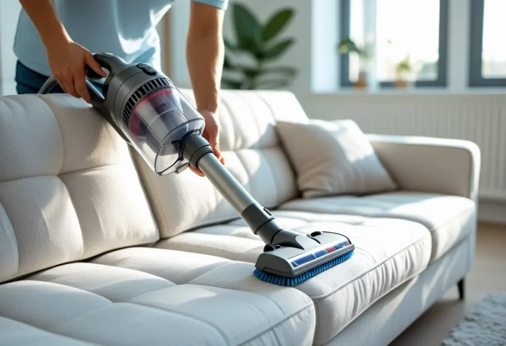 Maintaining and vacuuming a light-colored modern sofa design.