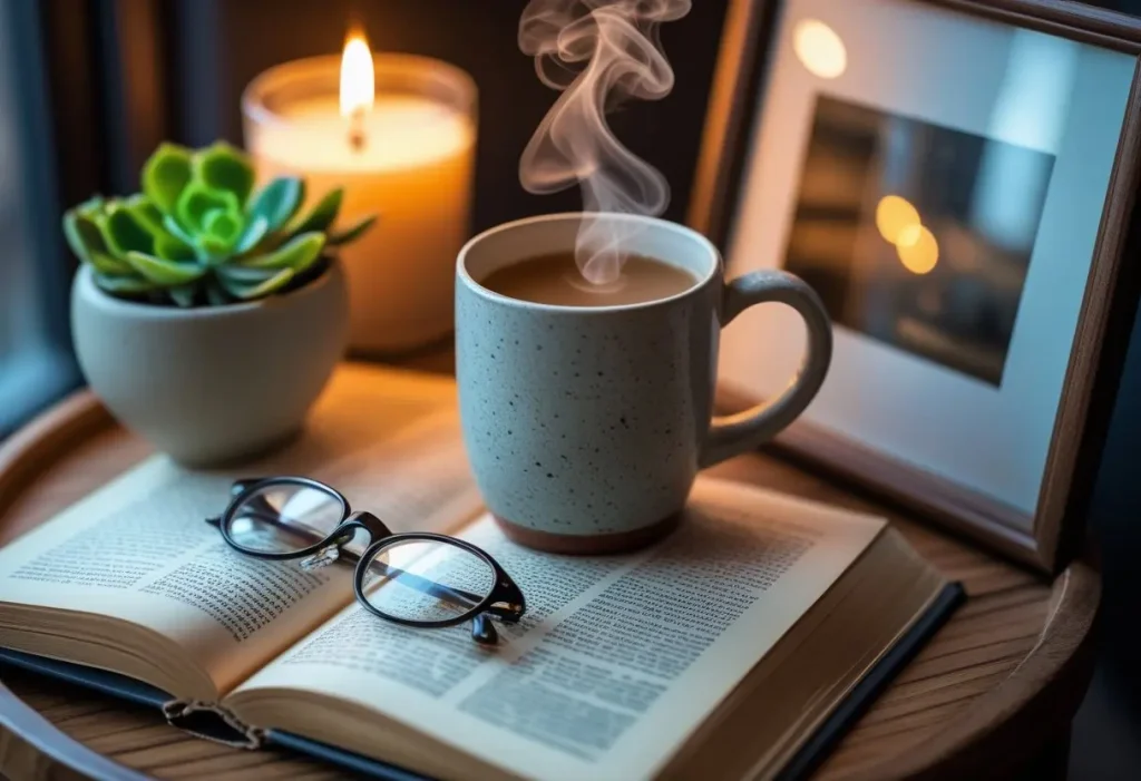 Personalized cozy corner details with books, a plant, and a framed photo.