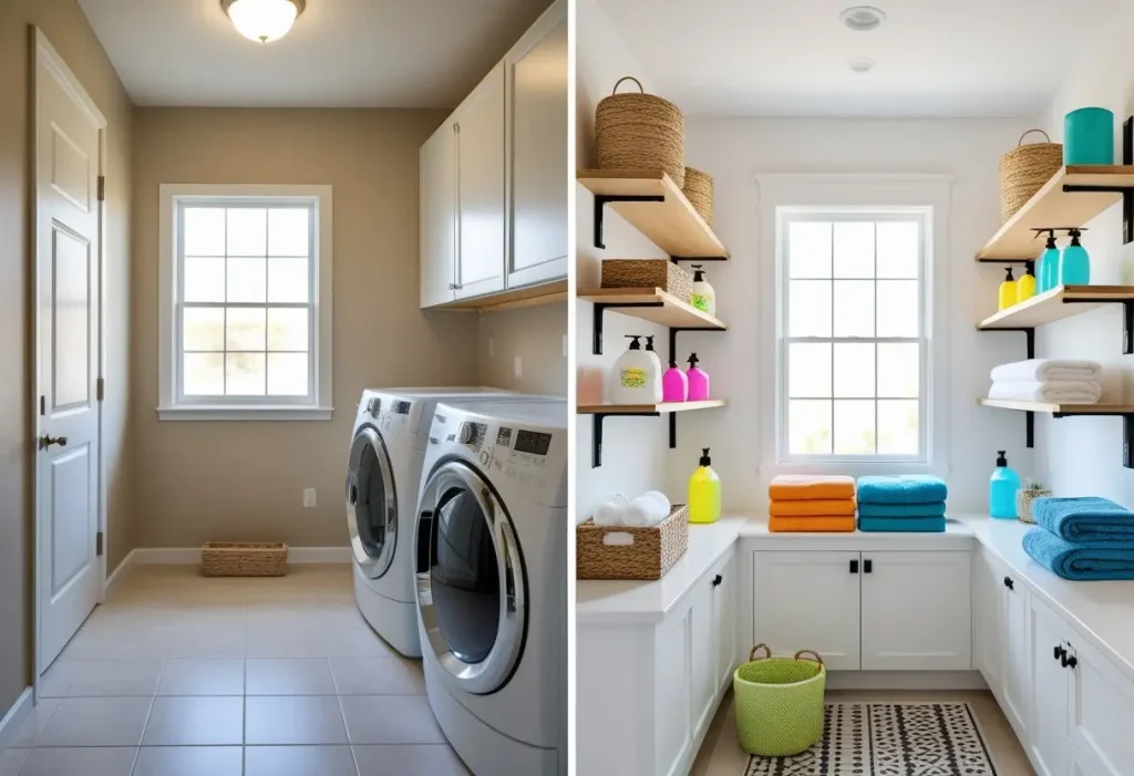 diy budget laundry room ideas with painted walls and open shelving