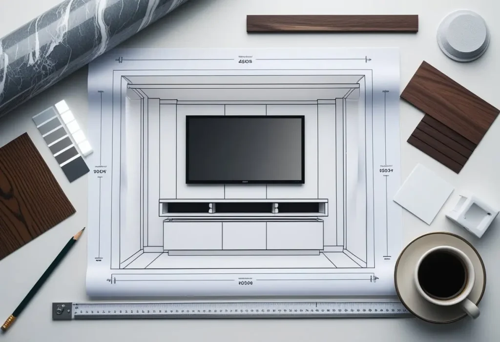 An architect's blueprint and samples for a custom TV wall design.