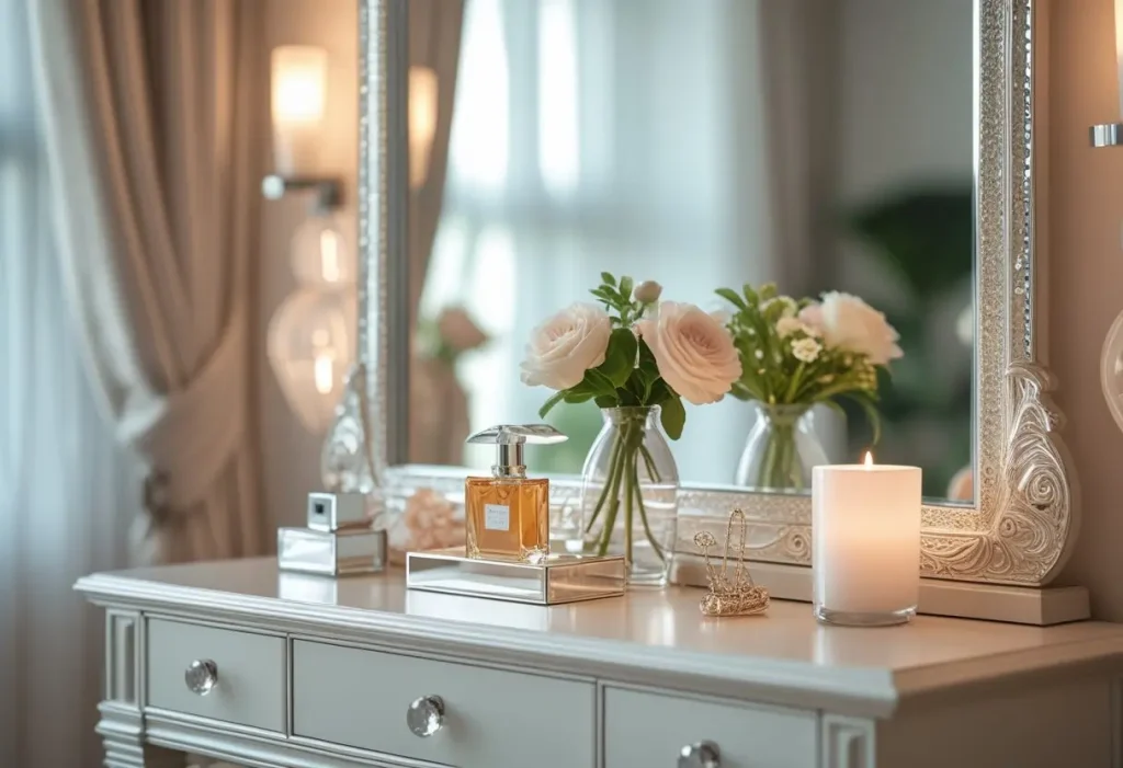 anity decor accessories including perfume tray, mirror, and flowers
