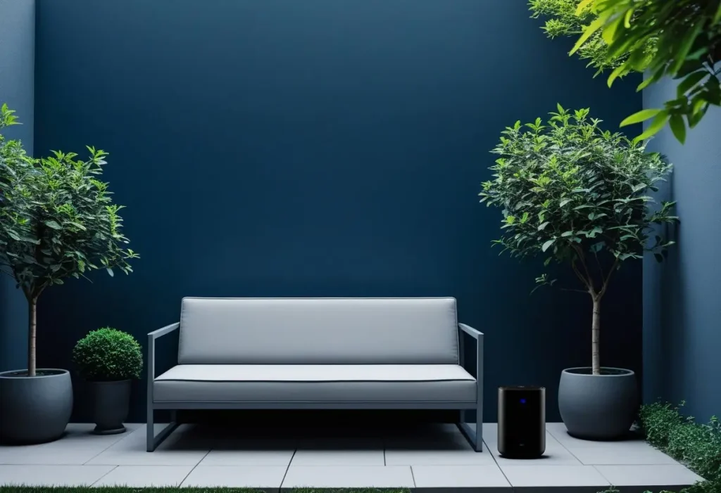 Modern small outdoor spaces with dark accent wall.