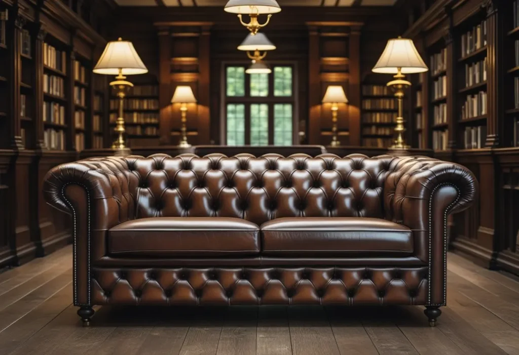 Classic brown leather Chesterfield Sofa in English-style living room interior.