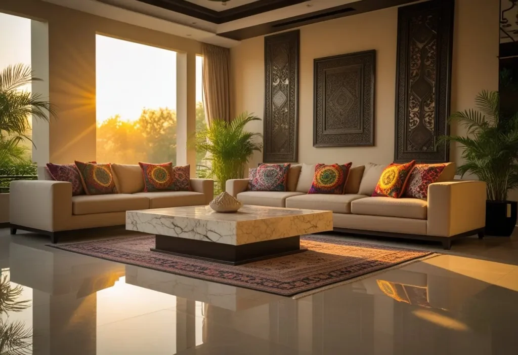 2025 Pakistani home decor trends showcasing a modern living room with traditional accents.