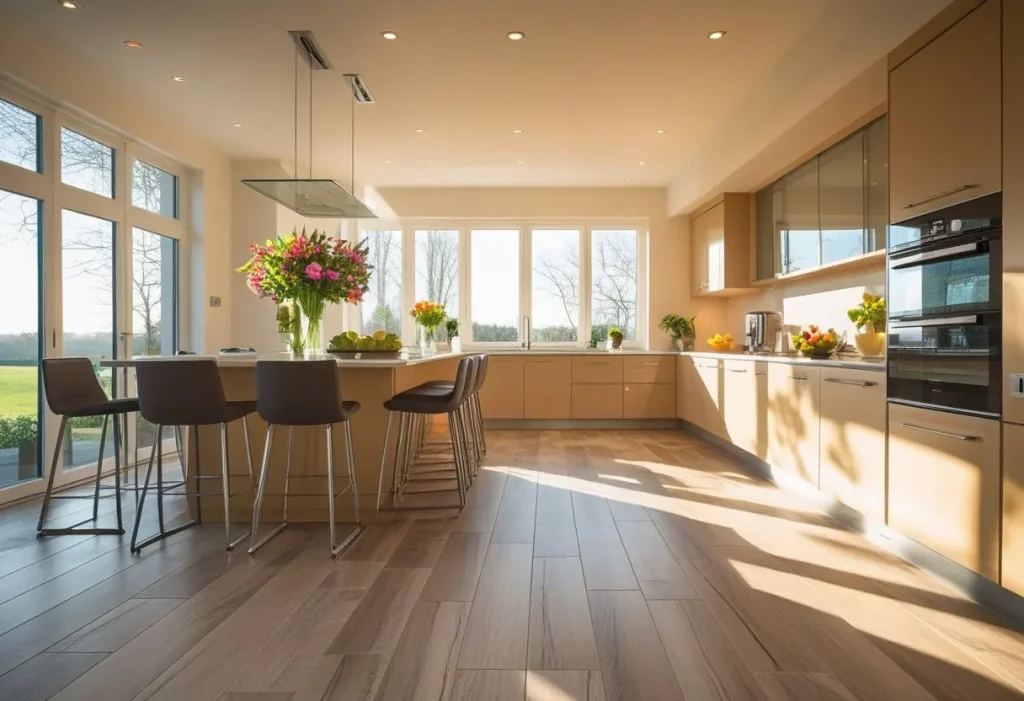 modern kitchen floor tile with wood-look porcelain plank design