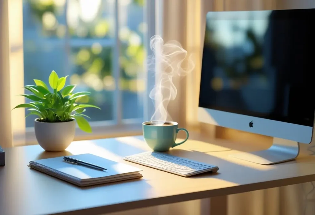 inviting modern computer table decoration with plants and natural light