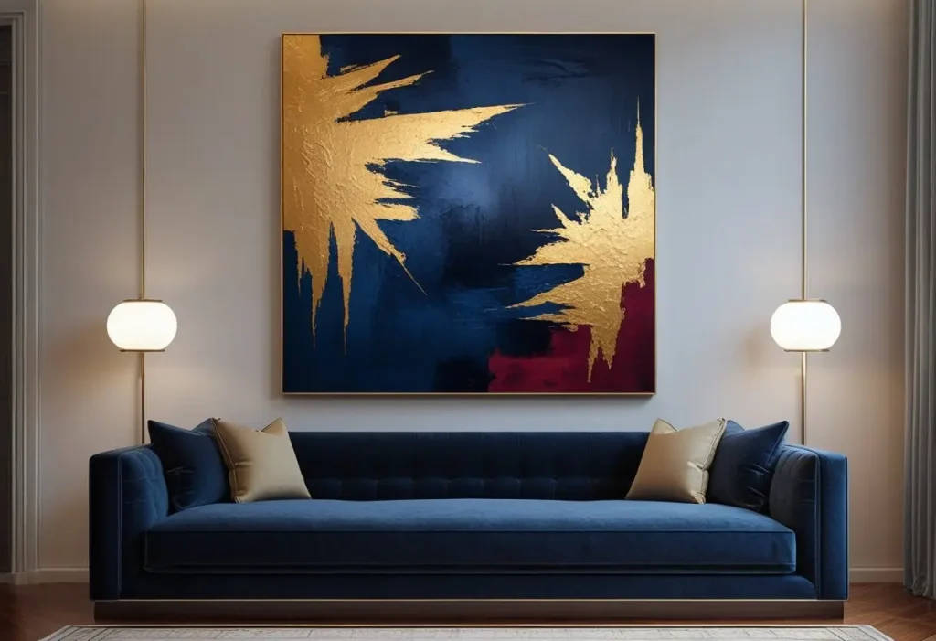 Large abstract canvas wall art in blue, gold, and red above a velvet sofa in a modern living room."