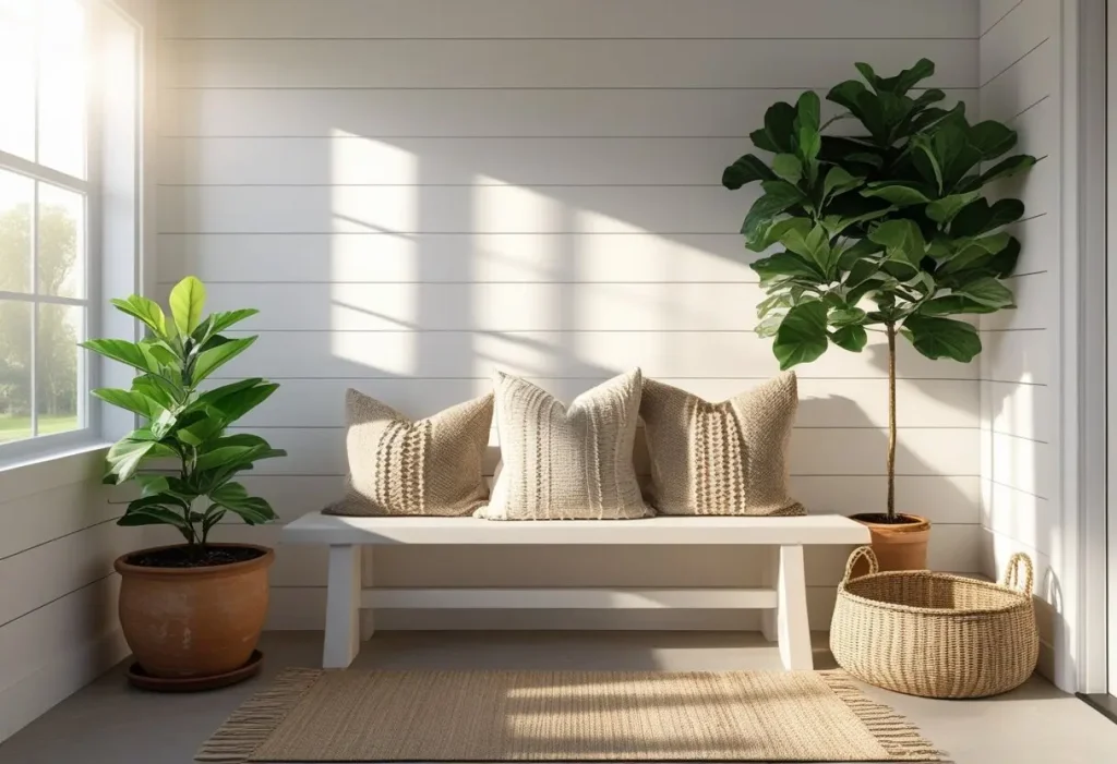 Magnolia Home Decor modern farmhouse entryway with shiplap and rustic bench.