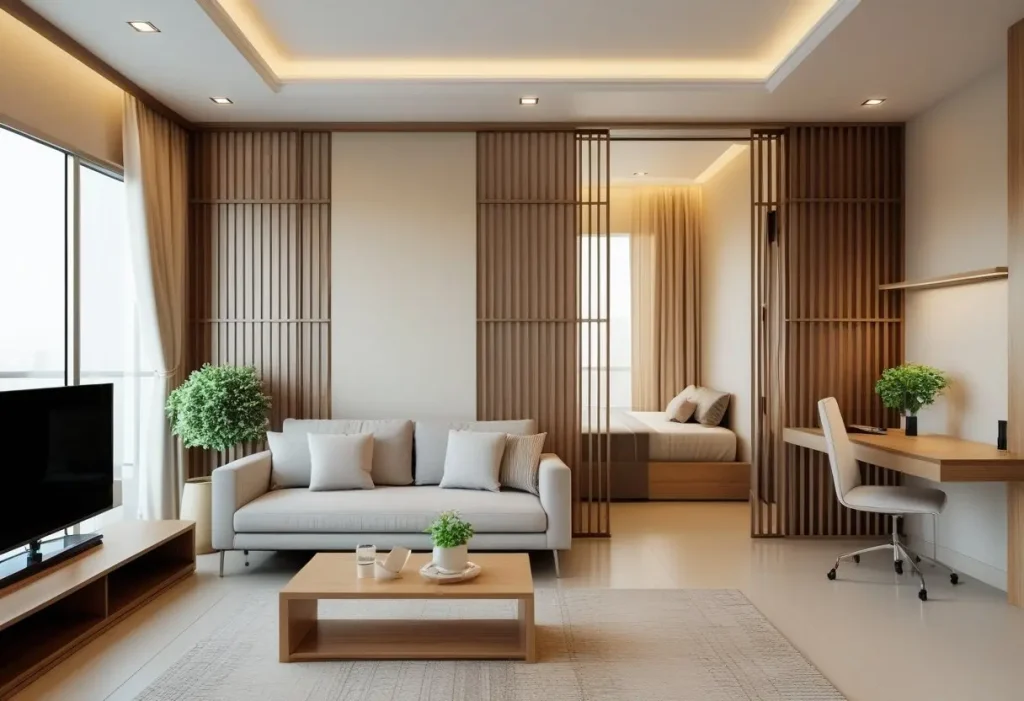 Multi-functional home office and living area in Pakistani home decor trends.