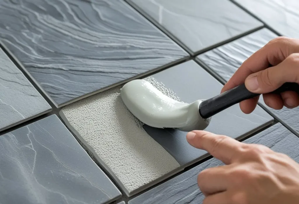 applying grout to a new kitchen floor tile installation