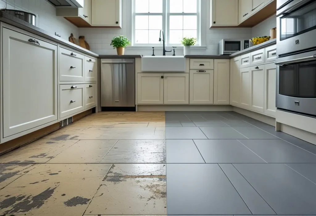  before and after kitchen renovation with new floor tile
