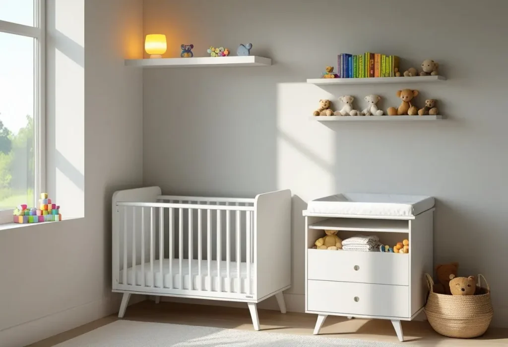 mall space nursery ideas with a mini-crib and wall-mounted shelves.