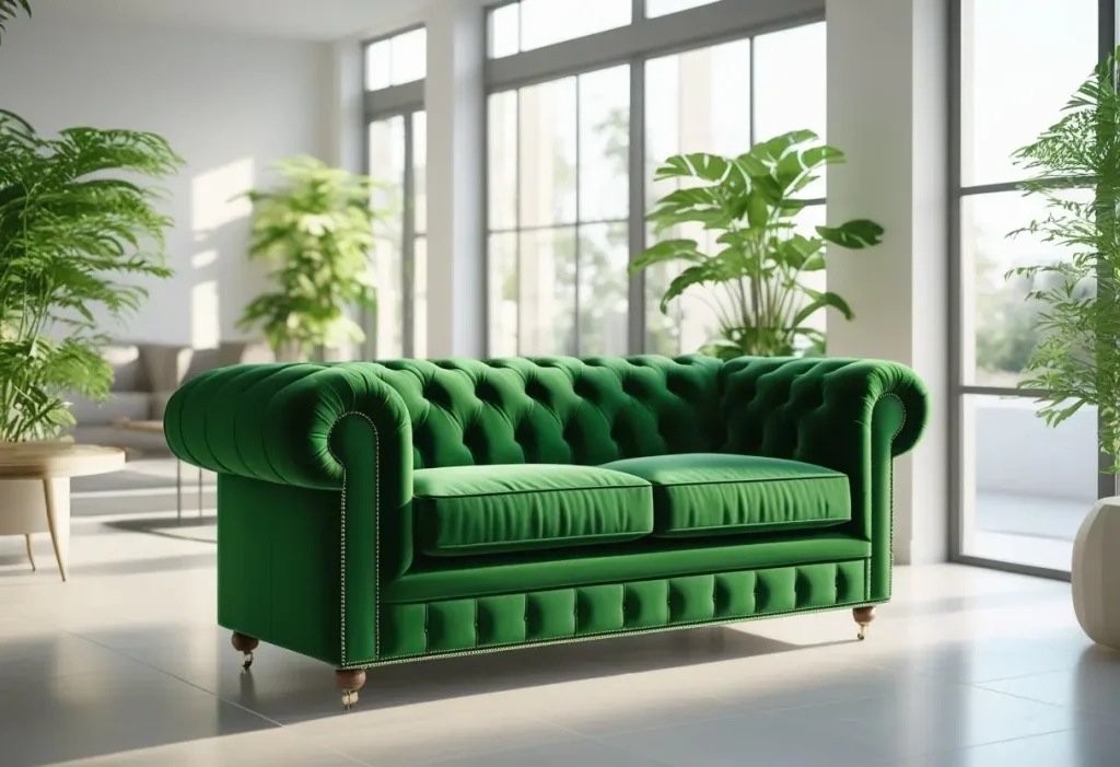 Emerald green modern Chesterfield Sofa in minimalist living room interior.#ModernChesterfield #VelvetSofa #HomeDecorTrends #InteriorDesign #ChesterfieldSofa